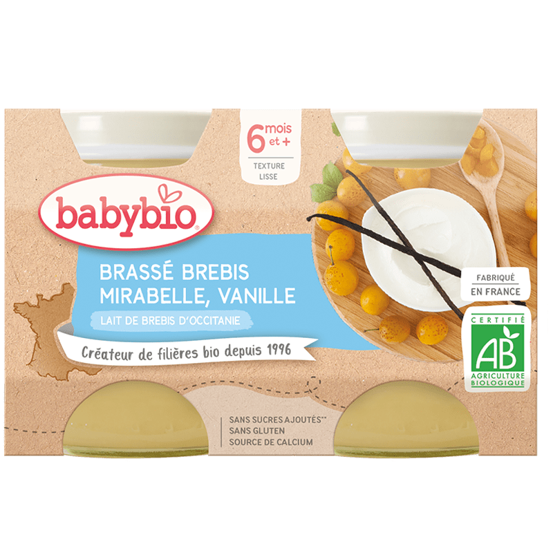 Brassé au lait de brebis d'occitanie - mirabelle vanille (dès 6 mois) BIO - 2x130g Baby Bio vrac-zero-dechet-ecolo-saint-andre-cubza